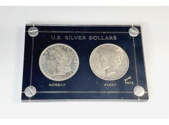 1921 Morgan Dollar Silver & 1922 Peace Dollar In Plastic Screw Display Case