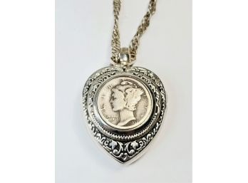 Vintage Silver Mercury Dime Heart Shaped Locket Watch With Long Necklace