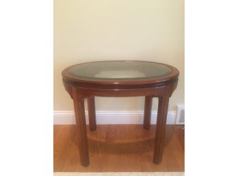 Asian Inspired Wood And Glass Top Oval Side Table.