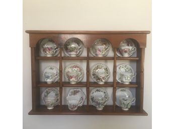 Wooden Display Shelve With 12 Sets Of Cups And Saucers.