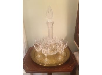 Crystal Glass Decanter With (8) Crystal Wine Glasses On A Round Copper Tray.