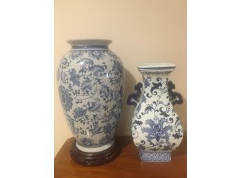 Pair Of Blue And White Ceramic Vases.