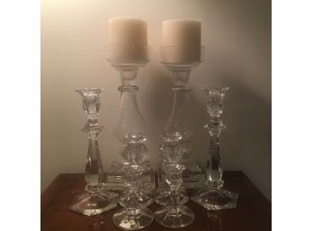 (4) Pair Of Glass And Crystal Candle Holders.