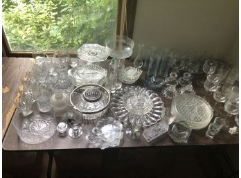 Large Table Lot Of Clear Glass