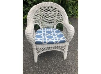 Vintage White Wicker Chair W/ Blue & White Cushion