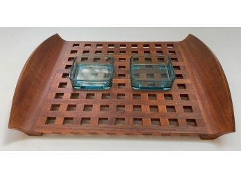 Dansk Lattice Teak Serving Tray With 2 Blue Glass Dishes By Jens Quistgaard