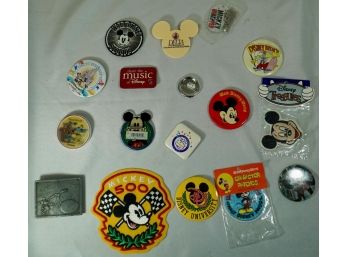 Lot Of 17 Mickey Mouse Patches, Pinback Buttons, Merit Award Belt Buckle