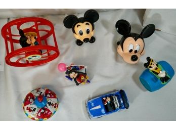 Mickey Mouse Toy Lot Of 7, Acrobat Wheel, Top, Pull String Nodder