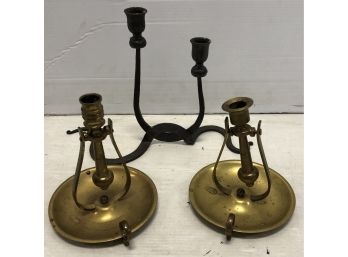 Pair Of Gimbled Brass Candlesticks And Double Candlestick