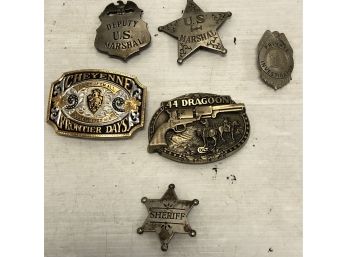 Six Reproduction Belt Buckles And Badges