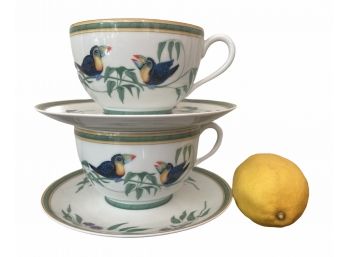 Pair Of Hermes Oversize Toucan Porcelain Breakfast Cups & Saucers