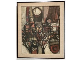 1960s Polyner & Wax Painting On Board By Paul Chelko  'Trees In Early Morn' 31' X 26'.