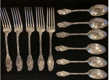 Antique 1895 Alvin Sterling Silver Flatware ~ 5 Forks & 6 Teaspoons ~ 13.53toz