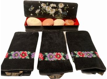 Vintage Soap In A Lacquer Box & Three Feiler Hand Towels