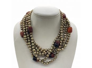 Six Strand Pearls And Beads Neckpiece With Sterling Silver Clasp