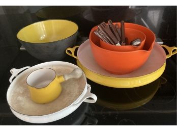 Vintage Dansk Kobenstyle Paella Pans, Butter Warmer Plus Scandinavian Bowls, Flatware