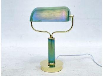 A Modern, Iridescent Glass And Brass Banker's Lamp