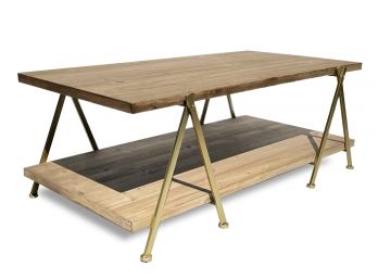 A Brass And Reclaimed Hardwood Coffee Table By Restoration Hardware