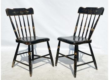 A Pair Of Rustic Wooden Hitchcock Style Spindle Back Chairs