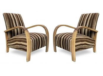 A Pair Of Modern Deco Inspired Arm Chairs In Linen Stripe