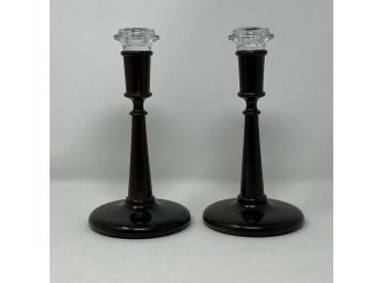 Antique American Pair Of 9' Turned Mahogany Candlesticks With Pressed Glass Sockets
