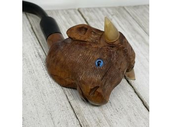 Vintage Hand Carved BULL Tobacco Pipe With Glass Eyes And Horn Horns