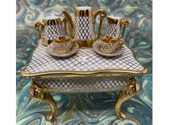 Rare Limoges Decor Main Nadrog Paris Gold & White Tea Set On Table Trinket Box