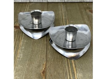 Set/2 Vintage Danish Modern AVON Stainless Steel Triangle Candle Holders MCM
