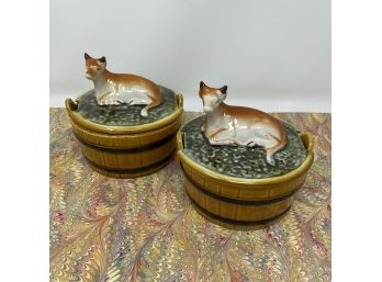 Pair Of Vintage SECLA PORTUGAL Brown Cow On Barrel 4 5/8' Butter Crocks Dish