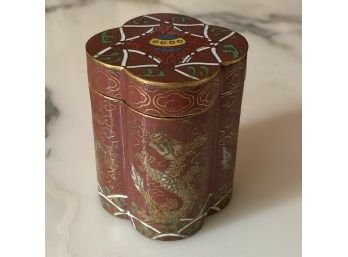 Vintage Chinese Quatrefoil Shape Enamel Cloisonn Dragon On Brass Trinket Box