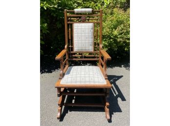 Antique Newly Upholstered Eastlake Style Victorian Stick Ball Spindle Oak Rocking Chair