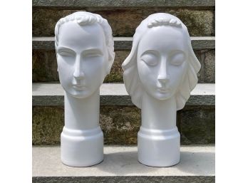 Vintage Pair Of Art Deco White Ceramic Busts, Head Sculptures By Frank Graham