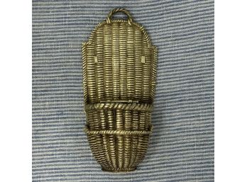 Antique Cast Brass Wall Pocket Match Holder & Striker - Faux Basketweave Design