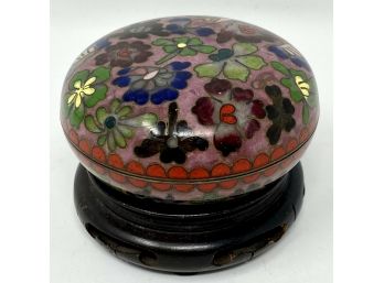 Vintage Chinese Cloisonn On Brass PINK Floral 3 3/8' Trinket Box W Wooden Stand