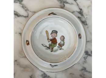 Vintage Baby Child's Porringer Plate With Charming Baseball Graphic  Made In USA This Piece Is Marked In Gold