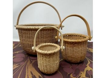 Lot/3 Vintage Hand Woven Round Nantucket Lightship Baskets: 8', 4.25' And 3'