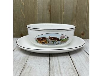 Vintage VILLEROY & BOCH Luxembourg NAIF Country Scene Gravy Boat W/ Underplate