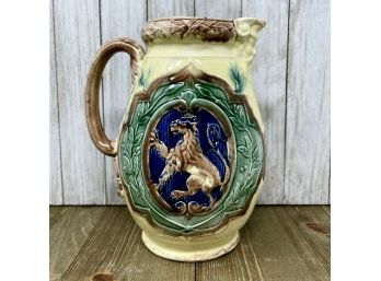 Stunning Antique French MAJOLICA 7 1/2' Pitcher Jug With Rampant Lion Medallion