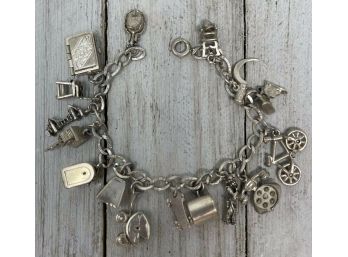 Vintage Sterling Silver Link Charm Bracelet With 16 Lovely Sterling Charms