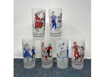 Set/6 Vintage FEDERAL GLASS Red, White & Blue Square Dance 6.5' Highball Glasses