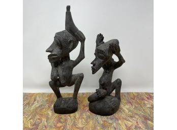 Pair Of Hand Carved Primitive DAYAK Ironwood Figures