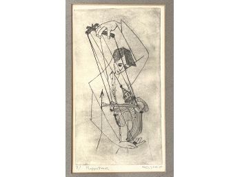 Original Pencil Signed NELSON Etching 'PUPPETEER' Dated 1951 Framed & Matted