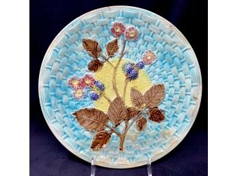 Stunning Antique French MAJOLICA Blackberry, Blossoms & Basketweave 10.25' Plate
