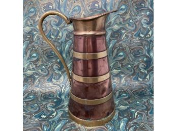 Antique Copper Pitcher Ewer With Brass Bands & Handle Signed G S - 11' X 6 1/2'