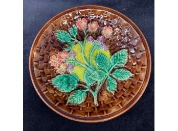 Stunning Antique French MAJOLICA Blackberry, Blossoms & Basketweave 8.25' Plate