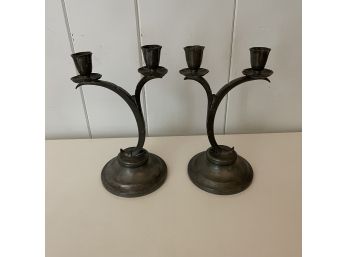 Pair Of Mid Century Hand Made By THE DANISH METALSMITH Pewter Double Candlesticks