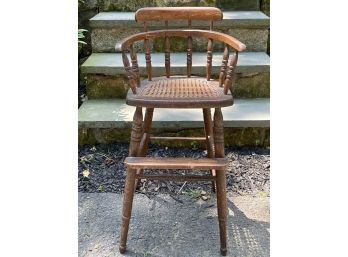 Antique Oak Children's High Chair Booster Seat With Hand Caned Seat 32' X 17'
