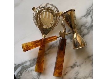 Set/3 Vintage Gold Plated Lucite Handled Bar Tools - Strainer, Opener & Jigger