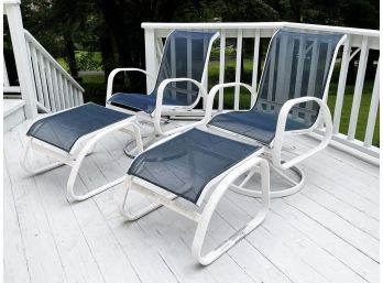 Pair Of Vintage Woodard Aluminum Swivel Chairs With Ottomans