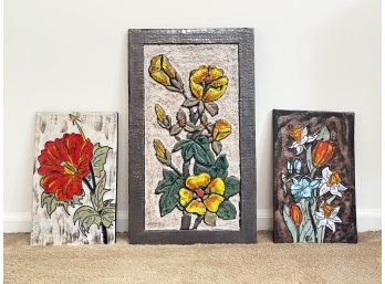 Vintage Glazed Ceramic Tablets With Botanical Art